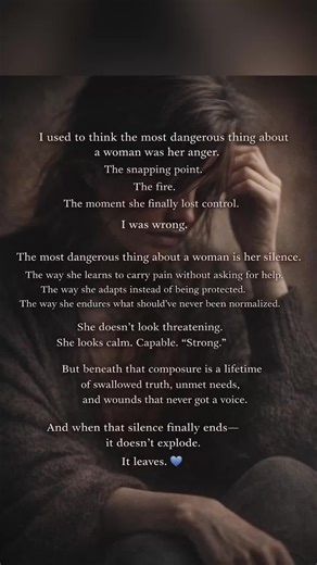 Most men think a woman’s anger is the problem. The raised voice. The snapping point. The moment she finally says what she’s been holding back. That’s what gets labeled dramatic or unstable. But anger isn’t the issue. Anger is usually the last signal before she shuts down. It shows up after she’s tried to explain calmly, compromise endlessly, and stay quiet to keep the peace. What most men miss is how dangerous her silence actually is. When she stops asking for reassurance. Stops bringing things 