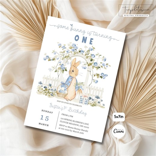 Peter Rabbit First Birthday Invitation, Some Bunny is One, Rustic Floral Bunny Boy Digital - Etsy