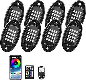 RGB LED Rock Lights 8 Pods Bluetooth App Controller Rock Light Kits Flashing Music Mode Underglow Rock Light Multicolor Neon Light Kits for Offroad Truck Jeep RZR UTV
