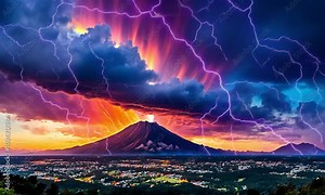 Aerial time-lapse of Dramatic lightning strikes illuminate a stormy sky over a tranquil lake, a rainbow appearing in the distance.