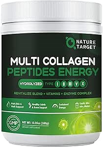 NATURE TARGET Collagen Powder for Women, Multi Collagen Peptides with Multivitamin & Digestive Enzyme Energy Blend, Supports Skin Hair, Nail & Joint, Non-GMO, 35 Servings