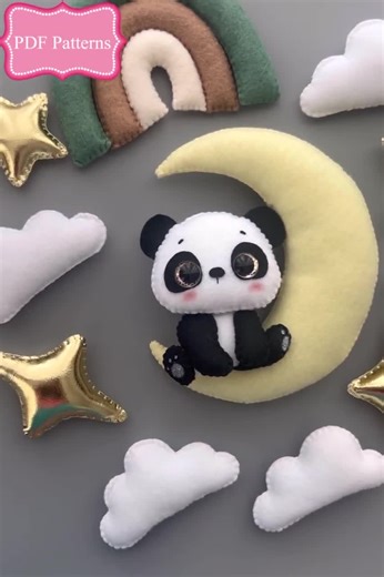 Panda on Moon Felt Mobile PDF Pattern, DIY Baby Toy (Digital Download)