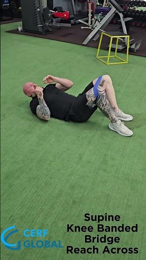 Supine knee banded bridge reach across