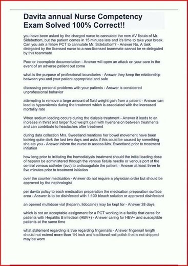 Davita Annual Nurse Competency Exam Solved 100 Correctupdate video