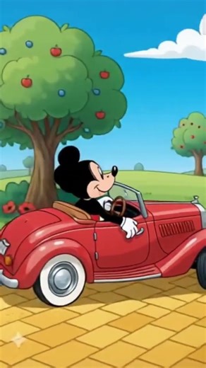 Micky mouse driving down a yellow brick road in a red car
