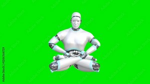 A humanoid robot is practicing Zen and zazen japan called `坐禅` meditation, full-lotus position (kekkahuza), Swaying the body, Cosmic Mudra (Hokkaijoin), on transparent greenback as 3D rendering.
