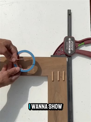 I want to show you a trick for installing dowels that I learned from John Heights. It’s super simple. We don’t need any jig or special accessory—just some masking tape. #construction #woodwork #flooring