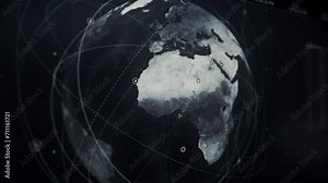 Scanning globe to gather information about target position on the screen. Analyzing a globe on a screen to gain information with satellite location. Screen with global information searching system.