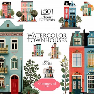 Watercolor Townhouses Clipart Pack, Colorful City Houses PNG, Urban Street Building Clip Art, Neighborhood Illustration Set, Commercial Use - Etsy