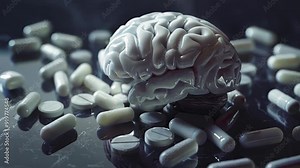 A collection of pills and tablets surrounding a brain, suggesting medication and its impact on cognitive function.