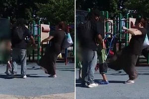 Disturbing moment woman repeatedly boots young boy in playground shouting 'I'm going to kick you in the f***ing nuts and you won't be able to have kids'