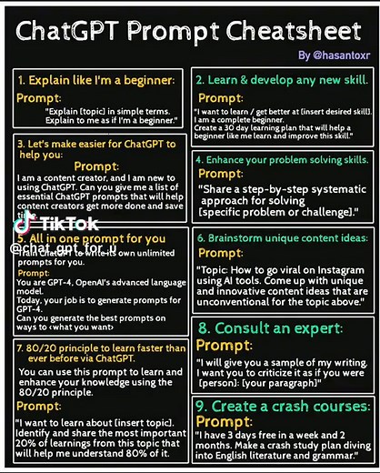 ChatGpt prompt che@t sheet!😱 #chatgpt #chatgpthacks #chatgpttricks #chatgpttips #chatgptprompts #chatgptpromptsgenius