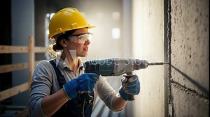 Woman using power drill while working on construction site