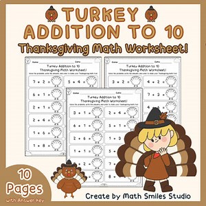 Turkey Addition to 10 | Thanksgiving Math Worksheet | Kindergarten-1st Grade