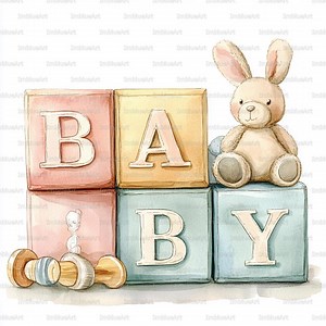 24 Baby ABC Blocks Clipart, Nursery Alphabet Decor, Watercolor Printable JPG, High Quality 300 DPI, Scrapbook, Junk Journal - Etsy