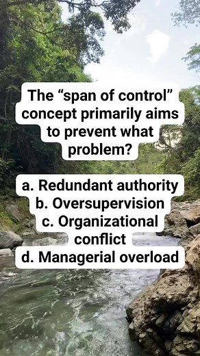 The “span of control” concept primarily aims to prevent what problem? a. Redundant authority b. Oversupervision c. Organizational conflict d. Managerial overload. #Criminology #CriminologyStudent #Criminologist | Crim students tambayan