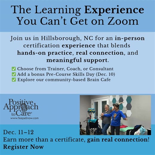 Amazing learning happens in person! 🙌 Join PAC™ this December 11–12 at the Snow Approach Foundation in Hillsborough, North Carolina, for the In-Person Certification – Trainer, Coach, or Consultant. Experience hands-on practice, feedback, and connection that brings care partnerships to life. 💡 Come early for In-Person Skills Day on December 10, 9 am to 3 pm Eastern Time for even more guided practice. 🎓 Register for Certification: https://hubs.ly/Q03SsWkC0 📅 Register for Skills Day: https://hu