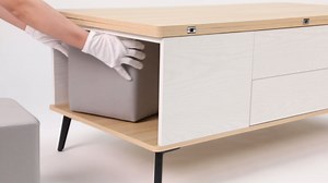 Modern Lift Top Coffee Table Set with 4 Stools Set and Extendable 1 Hidden Storage + 2 Drawers, Space Saving Folding Convertible Dining Table (Oak Natural Wood + Antique White)