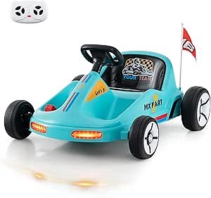 Costzon Kids Electric Go Kart, 12V 7AH Battery Powered Ride on Race Toy Car with Remote Control, LED Lights, Music, Story, Wireless Connection & Flags, Electric Kart for Aged 3+, Gift (Blue)