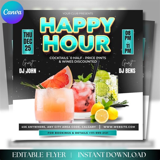 Happy Hour Flyer, Cocktail Drinks Flyer, Happy Hour Cocktail Flyer, Happy Hour Drinks Flyer, Bar Special Flyer, Editable Canva - Etsy