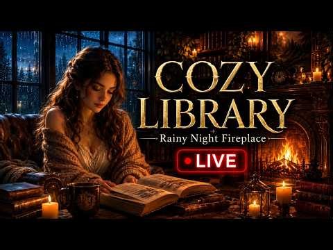 LIVE Cozy Library Ambience 📚 Rainy Night Fireplace Music for Sleep, Study & Relaxation