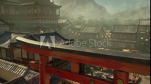 A vibrant red gate leading to a row of traditional buildings in a Japanese temple