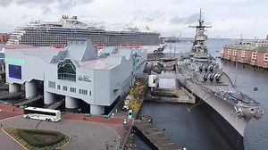 10K views · 126 reactions | We know the USS Wisconsin (BB-64) is pretty big, but say hello to the Royal Princess from Princess Cruises. She’s a full 200 feet longer than our battleship, and because of her massive size, she had to back into the Norfolk Harbor! Join us in welcoming all 3,500 Royal Princess passengers on this beautiful day in Norfolk. | Nauticus | Facebook