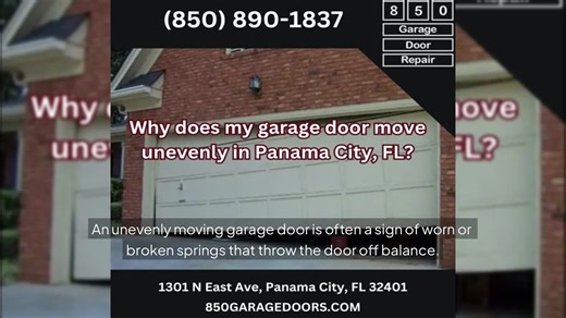 Why does my garage door move unevenly in Panama City, FL? If your garage door tilts, jerks, or moves unevenly, worn springs, frayed cables, bent tracks, or damaged rollers could be the cause. Ignoring these issues can lead to sudden failure and safety risks. Getting the problem inspected early helps prevent bigger repairs and keeps your door operating smoothly. https://share.google/5TWLFkrqnnXgv4P0G #GarageDoorRepair #PanamaCityFL #850GarageDoors