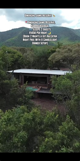 Dinokeng Game Reserve 🦒 📍Dinokeng Game Reserve, Hammanskraal 👥 Sleeps 2 Guests R1450 Per Night 🌙 [Book 2 Nights & Get An Extra Night Free With A Candlelight Dinner Setup] What We Offer 🔑 • Breakfast & Supper • Dedicated Conceirge • Ensuited Bedroom • Fully Equipped Home • Board Games • Free Romantic Candlelight Dinner Setup • 2 Free Bottles Of Champagne • Sunset Picnics • Stargazing • Couples Spa Treatment • Outdoor Movie Screening • Quad-Biking • Horse Rides • Hiking • Archery & Axe Throwi