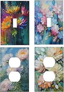 Decorative Art Light Switch Covers Oil Painting Style Flowers 1 Gang Single Toggle Single Duplex Outlet Wall Plate Switchplate Electrical Faceplate 4 Packs Combination Design