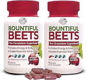 Country Farms Bountiful Beets Root Capsules, Wholefood Beet Extract Superfood, Natural Nitric Oxide Booster, Supports Natural Energy, Circulation and Immune Support, 180 Count, 2 Pack