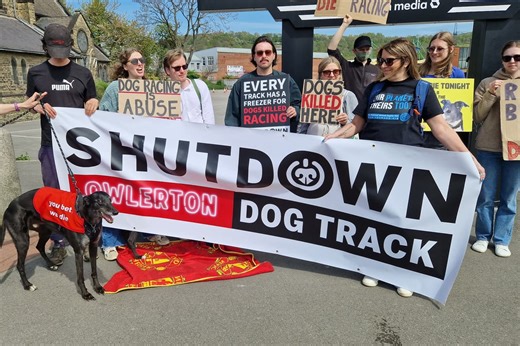 Campaigners at Owlerton Stadium in Sheffield call for greyhound racing ban