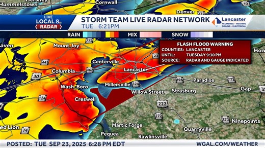 A Flash Flood Warning has been issued for parts of Lancaster county(ies) until Sep 23 9:30PM. Watch out for rapidly rising water. Avoid flooded roads and find an alternate route. Stay with WGAL-TV & WGAL.COM for the latest updates. Track on radar: https://www.wgal.com/weather/radar | WGAL News 8 Storm Team