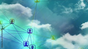 Social network loop animation with cloud background. Representing cloud networks, teamwork, cooperation, social media marketing, online communities and user groups etc.