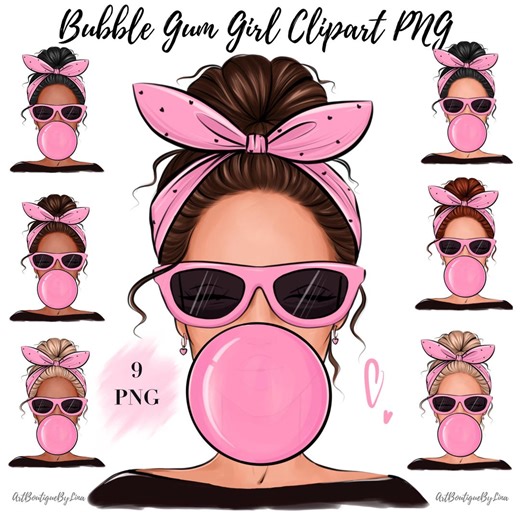 Bubble Gum Girl Clipart PNG | Messy Bun Pink Fashion | 15 Inclusive Coquette Graphics Commercial Use - Etsy