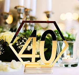 Table Numbers, 1-40 Wedding Acrylic Table Numbers with Holder Base Party Card Table Holder,Hexagon Shape,Perfect for Wedding Reception and Decoration,Gold