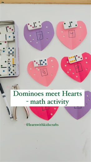 Nisha Yadav| Your Key to Easy Learning Activities on Instagram: "💖 Domino Math Magic 💖 This is such an easy and fun way to practice addition. Just cut out paper hearts, place a domino on top, punch holes to match the dots, then add the numbers and write the answer in the middle. It’s hands-on, keeps little hands busy, and makes math feel like play — perfect for Valentine’s Day math or a quick learning activity at home or in the classroom. Great for building number sense, fine motor skills, and