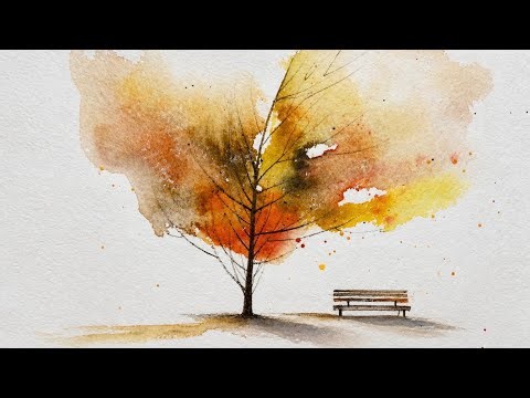 Simple Autumn Watercolor Landscape 🍂 | Simple Tree & Bench Painting for Beginners