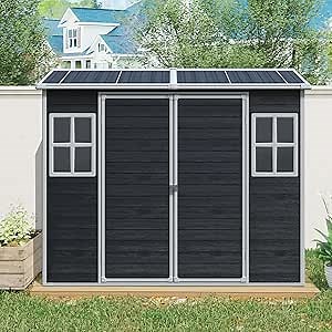 8x4 ft Outdoor Resin Storage Shed with Floor, Waterproof Plastic Garden Shed with Lockable Door and Two Windows, All-Weather Tool Sheds for Backyard, Patio, Lawn (Black)