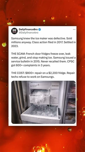 Samsung knew the ice maker was defective. Sold millions anyway. Class action filed in 2017.