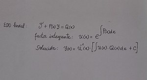 EDO lineal: y'   P(x) y = Q(x)factor integrante: u(x) = e^(... | Filo