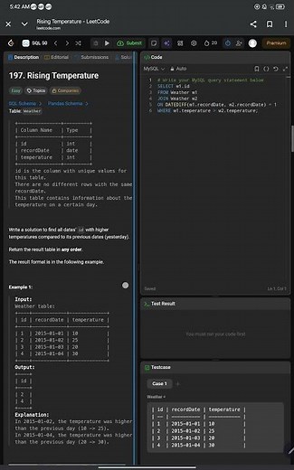 LeetCode Top 50 SQL | Question 9 | Rising Temperature | 197 leetcode