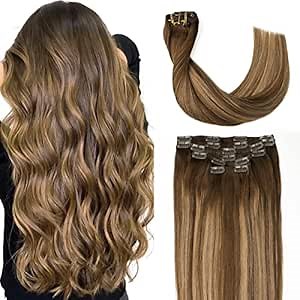 Sindra Clip in Hair Extensions Real Human Hair, 16inch Balayage Clip in Hair Extensions Double Weft Chocolate Brown to Caramel Blonde 100g 6pcs Silky Full Head for Women(#4/27/4 16in)