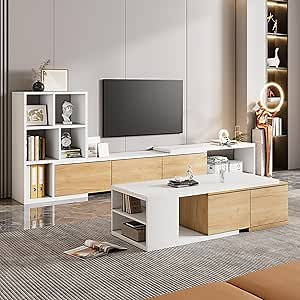 Merax Extendable TV Stand and Coffee Table, Set of 2, Media Console with 3 Tier Bookshelves for TVs up to 110'', Dual-Tone Center Table with Sliding Tabletop for Living Room, White Bookshelf TV Stand
