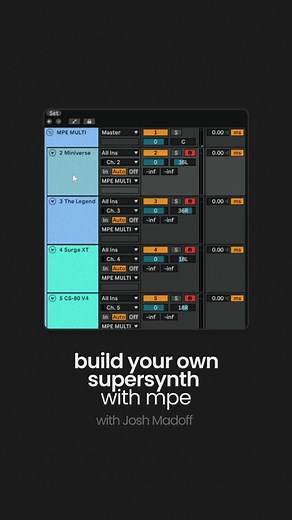 One keyboard, infinite possibilities. 🖤 In this video, @joshmadoff takes MPE to the next level by controlling multiple software synths at once from a single keyboard. 🎹✨ Each note follows its own path, triggering a different synth: Mini-Verse, The Legend HZ, Surge XT, and Arturia’s Yamaha CS80 emulation. And with Osmose’s MPE arpeggiator, notes bounce from one synth to another, creating mind-blowing sound textures. ”All about MPE”, still available on Youtube 💫 | Expressive E