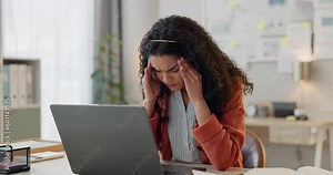 Frustrated woman, laptop and headache in mistake, stress or depression from overworked at office. Tired and exhausted female person with migraine in fail, burnout or anxiety on computer at workplace