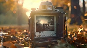 Vintage Camera Capturing Sunset Silhouettes with AI generated.