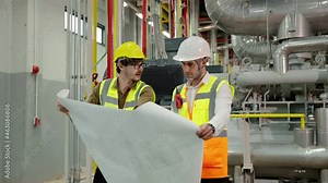 Engineer and Foreman are discussing the plant layout on the blueprint in the factory boiler room