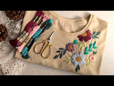 DIY Hand Embroidery on T-Shirt | Floral Design Using Satin Stitch, French Knot, Stem & Leaf