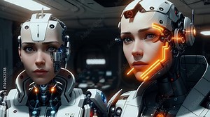 women's team of cyborg robots in a technical laboratory. close up. generative AI.